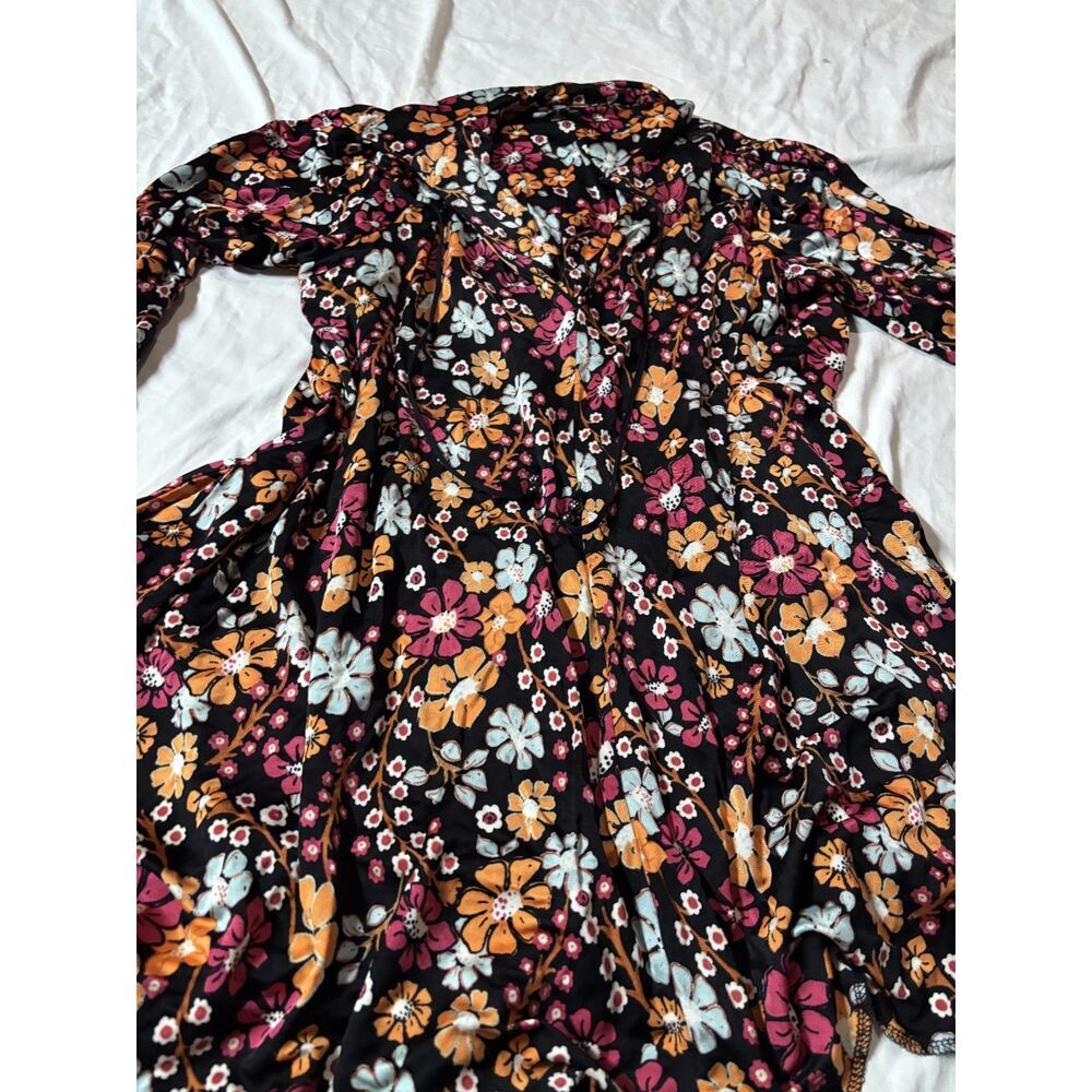 Free People Black Floral Boho Mini Dress Size Small Long Sleeve Tie Neck - Picture 6 of 8
